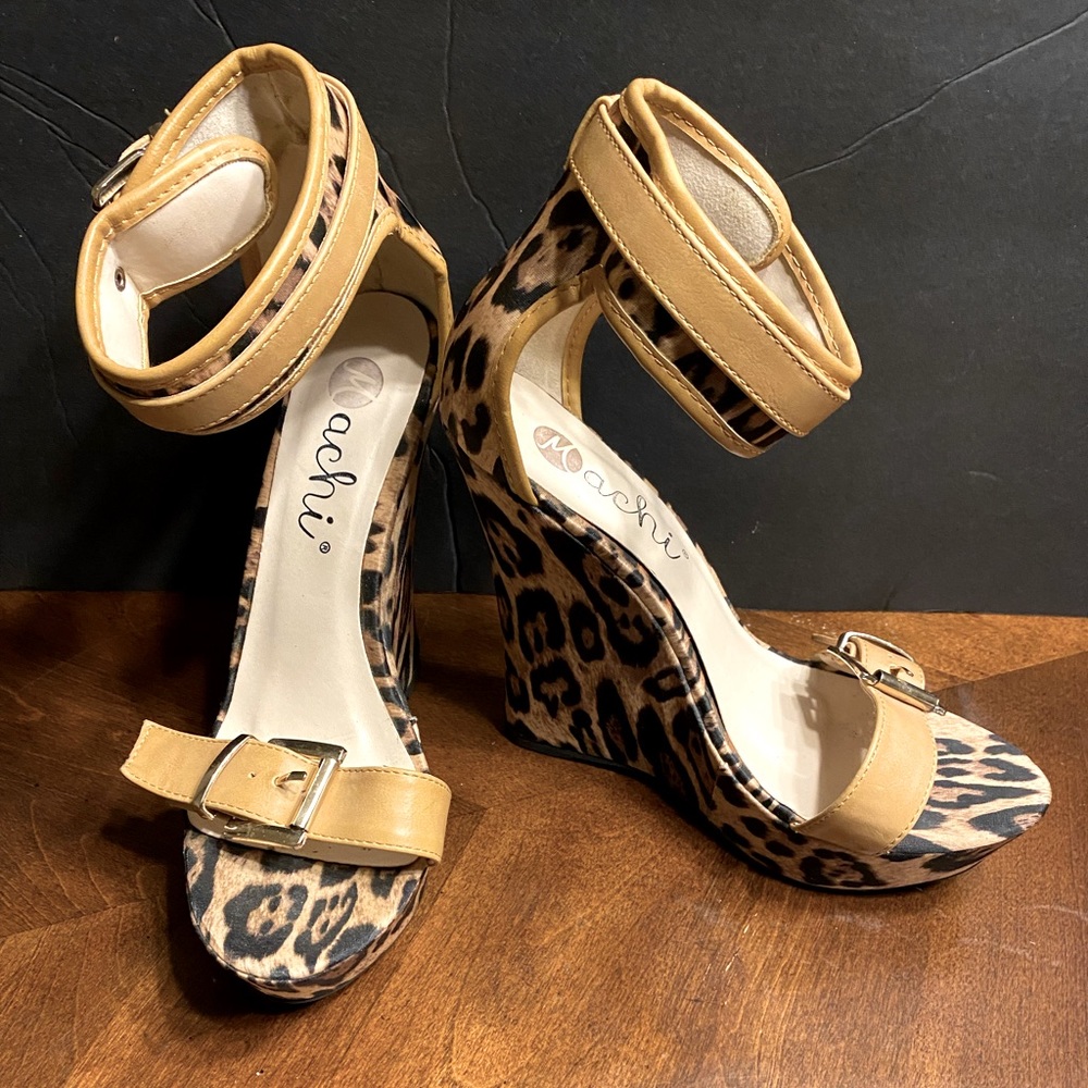 Machi Leopard Ankle Strap Wedge Sandals